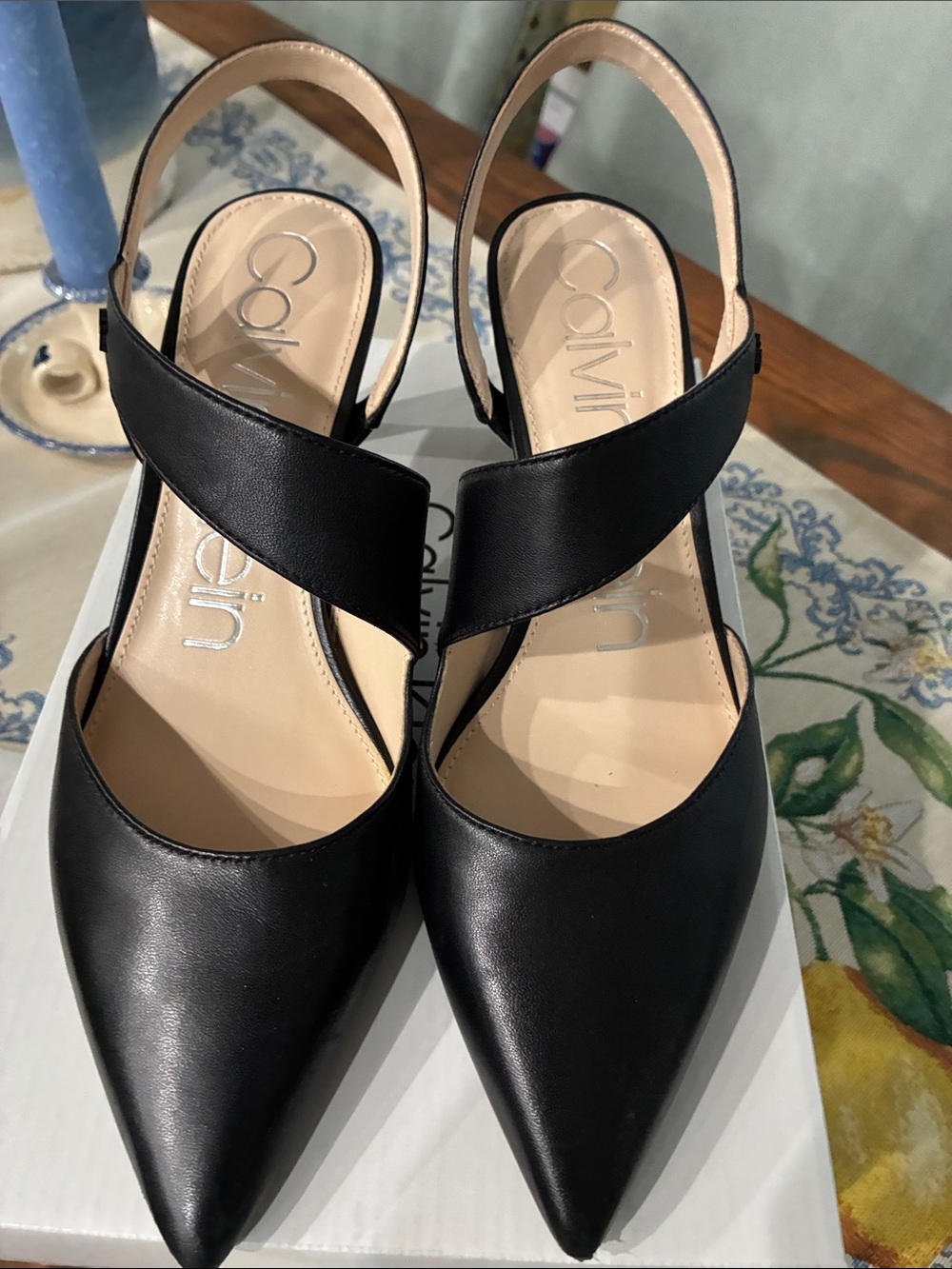 Calvin Klein Black Pointed Slingback Pumps with Crisscross Strap